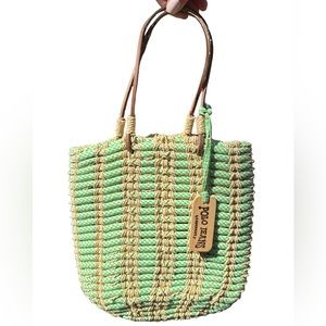 Polo Ralph Lauren Straw and Green and White Gingham Woven Purse Handbag
